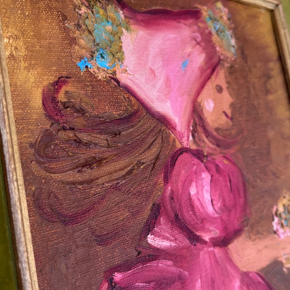 Vintage Italy Signed Oil Painting Gold Gilt Green Velvet Frame Girl W Flowers - Picture 4 of 16